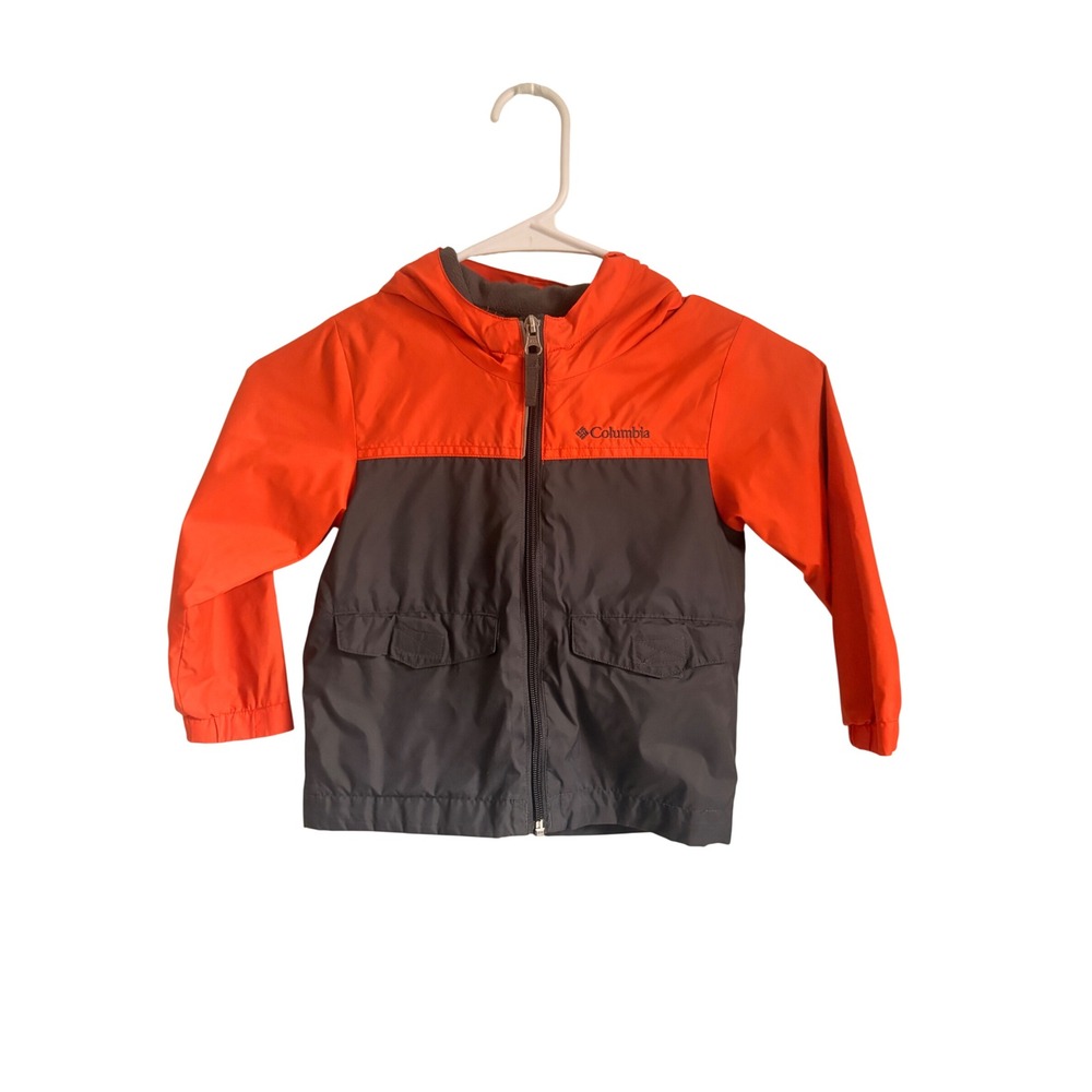 Columbia Toddler 3T Hooded Windbreaker Jacket Orange Grey Fleece Lined Rain Coat
